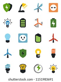 Color and black flat icon set - bulb vector, battery, protect, charge, desk lamp, windmill, socket, energy saving, idea