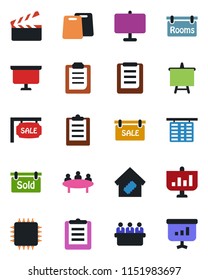 Color and black flat icon set - flight table vector, presentation board, meeting, clipboard, clapboard, sale, rooms, sold signboard, smart home, cutting, chip