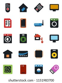 Color and black flat icon set - monitor vector, speaker, phone back, sim, washer, smart home, credit card, control, chip, remote, router, usb flash