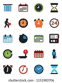 Color and black flat icon set - 24 around vector, alarm clock, flight table, calendar, heavy scales, stopwatch, manager, sand