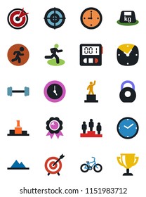 Color and black flat icon set - pedestal vector, medal, barbell, bike, run, heavy, clock, stopwatch, target, mountains, award cup