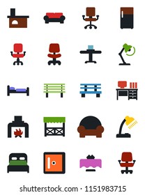Color and black flat icon set - bed vector, checkroom, office chair, desk, bench, fireplace, lamp, bedroom, cushioned furniture, restaurant table, alcove, fridge