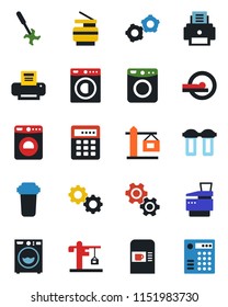 Color and black flat icon set - coffee machine vector, washer, gear, ripper, tomography, printer, copier, crane, water filter, combination lock