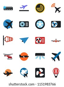 Color and black flat icon set - plane vector, radar, departure, wind, helicopter, globe, air conditioner, fan, paper, balloon