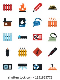 Color and black flat icon set - fire vector, hose, fireplace, thermometer, heater, air conditioner, candle, water, smoke detector, radiator, warm floor
