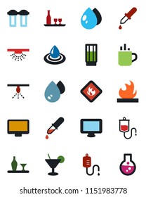 Color and black flat icon set - hot cup vector, water drop, dropper, flammable, monitor, alcohol, drink, cocktail, filter, sprinkler, flask