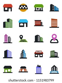 Color and black flat icon set - taxi vector, shop, office building, navigation, store, city house, cafe, storefront