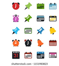 Color and black flat icon set - alarm clock vector, drawing pin, calendar, term, paper, bell, schedule