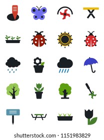 Color and black flat icon set - umbrella vector, sun, flower in pot, ripper, tree, butterfly, lady bug, seedling, rain, plant label, picnic table, tulip