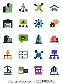 Color and black flat icon set - hierarchy vector, well, molecule, hospital, office building, garage, plan, home message