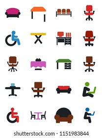 Color and black flat icon set - cafe vector, waiting area, disabled, office chair, desk, picnic table, cushioned furniture, restaurant, man with notebook