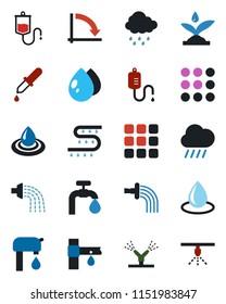 Color and black flat icon set - crisis graph vector, watering, water drop, rain, drip irrigation, dropper, menu, supply, sprinkler