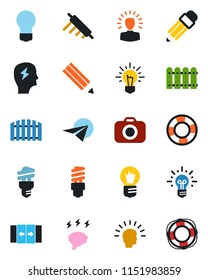 Color and black flat icon set - automatic door vector, brainstorm, bulb, camera, pencil, fence, rolling pin, energy saving, shining head, idea, paper plane, crisis management
