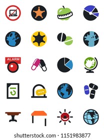 Color and black flat icon set - no laptop vector, ticket office, globe, document reload, pills, diet, earth, pie graph, table, police, alarm led