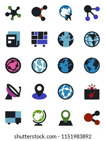Color and black flat icon set - satellite antenna vector, bomb in case, globe, plane, earth, pin, consolidated cargo, network, share, news, social media