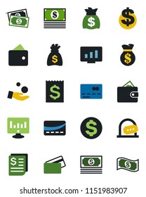 Color and black flat icon set - credit card vector, ticket office, dollar sign, money bag, statistic monitor, cash, receipt, wallet, investment