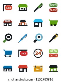 Color and black flat icon set - 24 around vector, shop, pen, store, search cargo, sale, sold signboard, cafe building, open close, cart, storefront