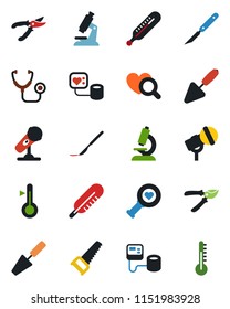 Color and black flat icon set - trowel vector, pruner, saw, stethoscope, blood pressure, thermometer, heart diagnostic, microscope, scalpel, microphone