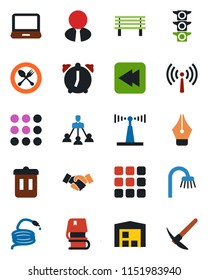Color and black flat icon set - antenna vector, spoon and fork, handshake, hose, bench, traffic light, laptop pc, rewind, menu, alarm, ink pen, hierarchy, book, warehouse, estate agent, bathroom