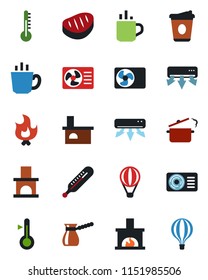 Color and black flat icon set - hot cup vector, coffee, fire, fireplace, thermometer, air conditioner, steak, steaming pan, turkish, balloon