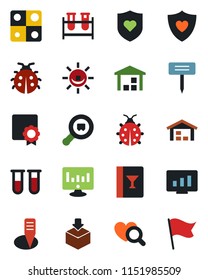 Color and black flat icon set - statistic monitor vector, lady bug, plant label, blood test vial, heart diagnostic, shield, warehouse, package, search cargo, application, sertificate, wine card