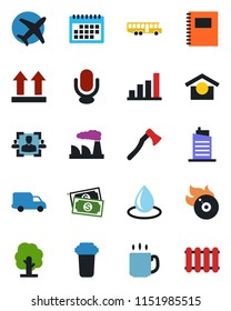 Color and black flat icon set - airport bus vector, factory, tree, water drop, axe, plane, cash, car delivery, warehouse storage, up side sign, flame disk, microphone, calendar, coffee, copybook, hr