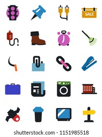 Color and black flat icon set - alarm clock vector, case, rake, boot, sickle, dropper, satellite, traffic light, news, tv, chain, rca, drawing pin, paper clip, stapler, sale, office building, washer
