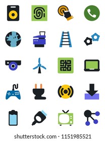 Color and black flat icon set - phone vector, tv, gear, notebook pc, ladder, earth, gamepad, touch screen, speaker, battery, hdmi, download, copier, chip, power plug, wireless, web camera, windmill