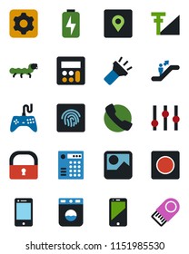 Color and black flat icon set - escalator vector, caterpillar, gamepad, settings, cell phone, call, gallery, calculator, record, torch, place tag, lock, fingerprint id, cellular signal, charge