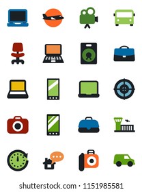 Color and black flat icon set - airport bus vector, plane, building, office chair, notebook pc, camera, video, laptop, speaker, mobile, case, target, home message, clock, car