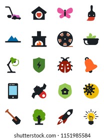 Color and black flat icon set - job vector, tree, lawn mower, butterfly, lady bug, virus, satellite, reel, cell phone, protect, themes, bell, desk lamp, mountains, sweet home, fireplace, salad, idea