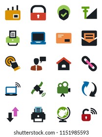 Color and black flat icon set - wireless notebook vector, globe, speaking man, printer, shield, satellite, video camera, touch screen, laptop pc, chain, mail, update, data exchange, lock, house