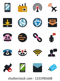 Color and black flat icon set - plane radar vector, mobile phone, speaking man, satellite, 24 hours, antenna, network, speaker, chain, mail, download, company, wireless