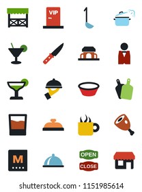 Color and black flat icon set - waiter vector, dish, menu, reception, drink, cocktail, coffee, cafe building, vip zone, open close, alcove, ham, ladle, bowl, cutting board, knife, steaming pan