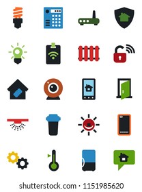 Color and black flat icon set - phone back vector, smart home, wireless lock, router, web camera, control app, gear, water filter, thermometer, radiator, bulb, energy saving, protect, fridge, door