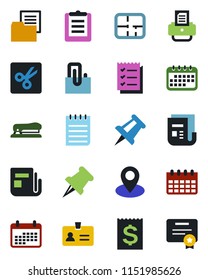 Color and black flat icon set - identity vector, notepad, drawing pin, calendar, printer, receipt, clipboard, folder document, news, paper, cut, clip, checklist, stapler, plan, certificate