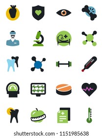 Color and black flat icon set - heart pulse vector, monitor, diagnosis, molecule, thermometer, microscope, pills, tomography, barbell, shield, hospital bed, real, tooth, caries, eye, broken bone