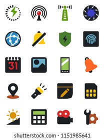 Color and black flat icon set - antenna vector, mobile, camera, gallery, protect, calculator, bell, sim, network, calendar, notes, torch, mute, brightness, place tag, fingerprint id, video, charge
