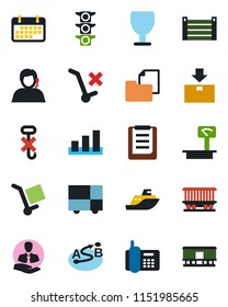 Color and black flat icon set - railroad vector, traffic light, office phone, support, client, sea shipping, term, container, consolidated cargo, clipboard, folder document, fragile, no trolley