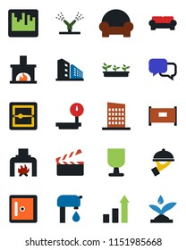 Color and black flat icon set - fence vector, checkroom, growth statistic, seedling, fragile, heavy scales, clapboard, dialog, scanner, water supply, office building, cushioned furniture, fireplace