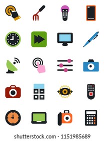 Color and black flat icon set - camera vector, calculator, notebook pc, garden fork, clock, satellite antenna, remote control, touch screen, monitor, fast forward, phone back, tuning, eye id, pen