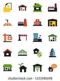 Color and black flat icon set - barrier vector, airport building, greenhouse, hospital, store, warehouse, office, house, estate document, crane, factory, insurance, eco, warm floor, home message