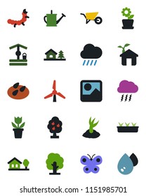 Color and black flat icon set - storm cloud vector, flower in pot, tree, watering can, wheelbarrow, sproute, butterfly, seedling, rain, well, seeds, caterpillar, gallery, house with, windmill, fruit