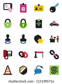 Color and black flat icon set - barrier vector, passport control, alarm car, identity, stamp, border cone, lock, hose, shield, chain, card, key, intercome, home app, protect, pass, fingerprint