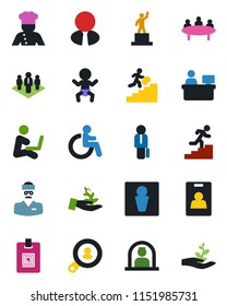 Color and black flat icon set - male vector, baby, disabled, reception, pedestal, meeting, manager place, doctor, identity card, career ladder, company, client search, estate agent, cook