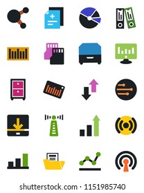 Color and black flat icon set - antenna vector, growth statistic, office binder, monitor, diagnosis, barcode, share, sd, network, data exchange, download, bar graph, pie, document folder, point