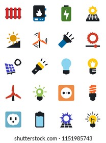 Color and black flat icon set - bulb vector, battery, torch, brightness, charge, sun panel, windmill, socket, water heater, radiator, energy saving, idea