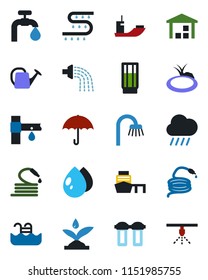 Color and black flat icon set - watering can vector, water drop, rain, hose, pond, drip irrigation, sea shipping, port, umbrella, warehouse, pool, supply, bathroom, drink, filter, sprinkler