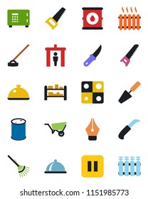 Color and black flat icon set - security gate vector, safe, trowel, rake, wheelbarrow, saw, hoe, garden knife, oil barrel, rack, pause button, application, ink pen, heater, dish, radiator