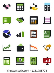 Color and black flat icon set - safe vector, handshake, calculator, abacus, receipt, pie graph, contract, arrow up, wallet, growth, crisis, investment, cash, presentation